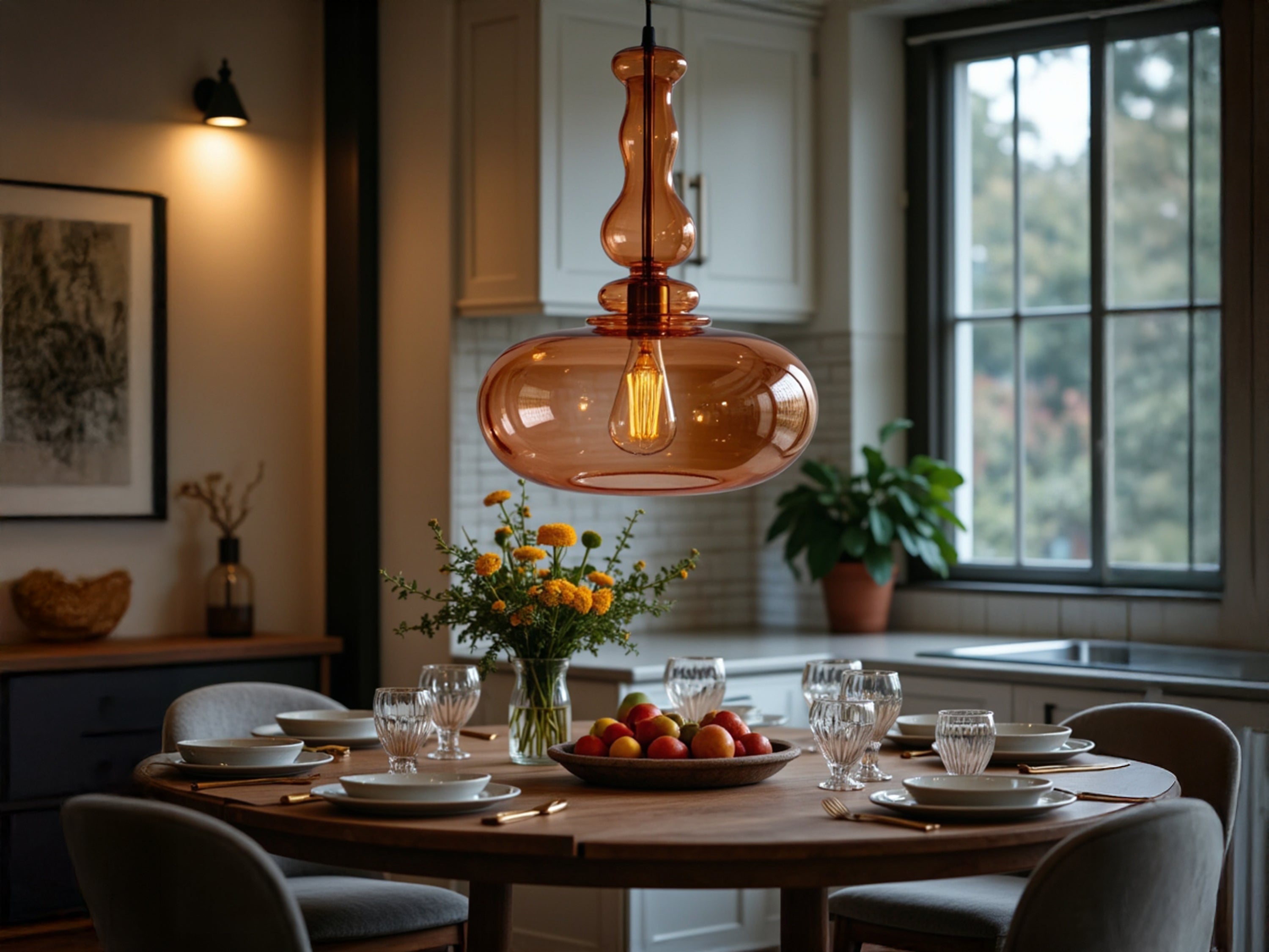 Dining room with a wooden table, chairs, and a large amber pendant light.